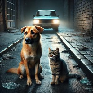 Abbandono animale: un cane e un gatto lasciati soli in strada, simbolo della sofferenza causata da questa piaga sociale. Combattiamo insieme l'abbandono