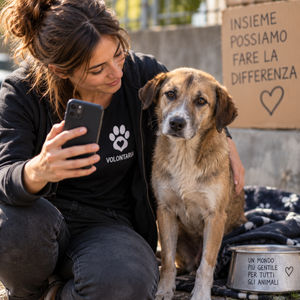Volontaria con smartphone accanto a un cane randagio, simbolo del ruolo dei social network nella tutela animale.